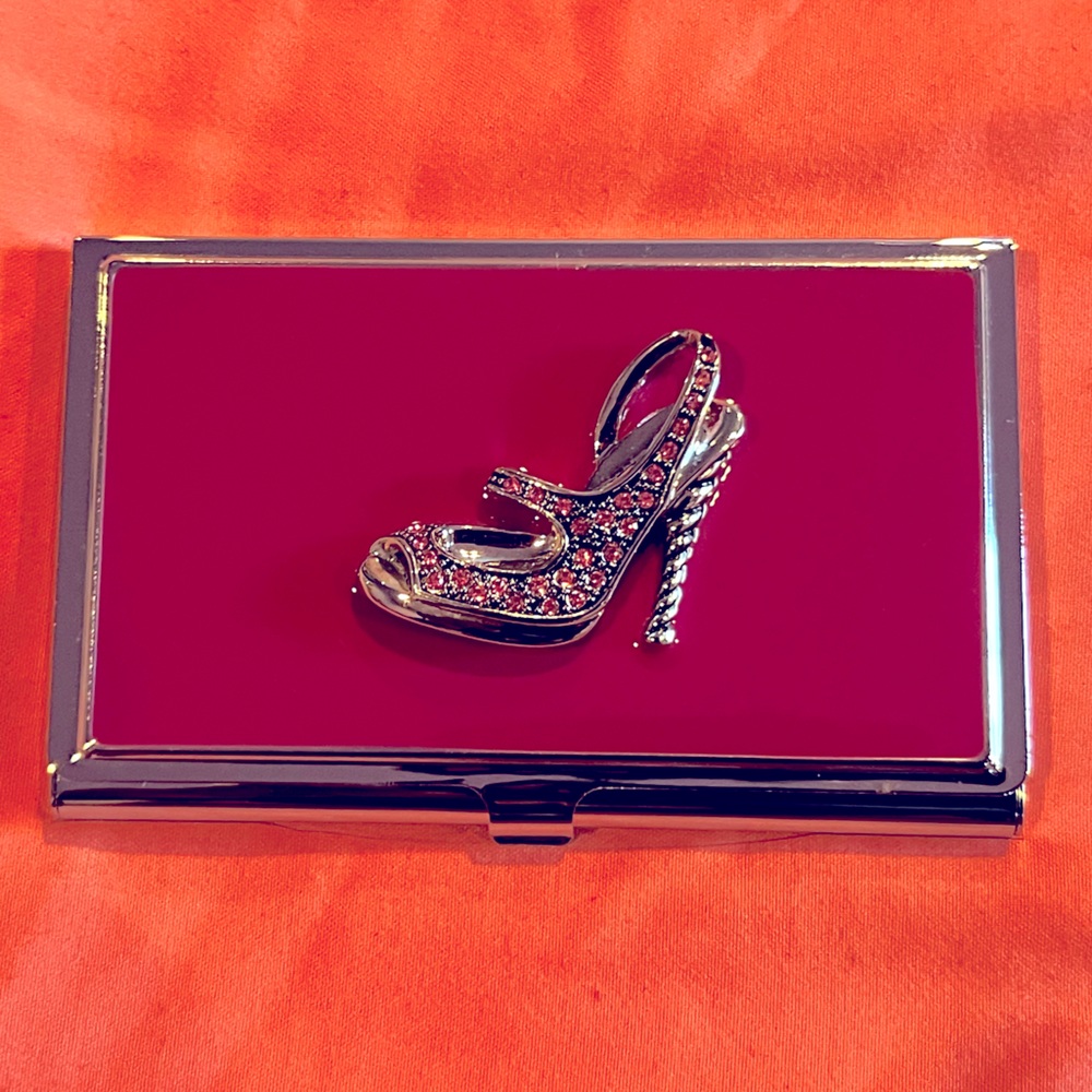 Spring Street Silver Tone Business Card Holder With Faux Rhinestone Shoe